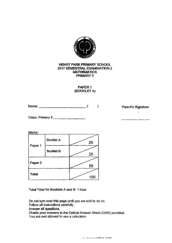 First page preview of P5 Math 2017 SA2 — Henry Park