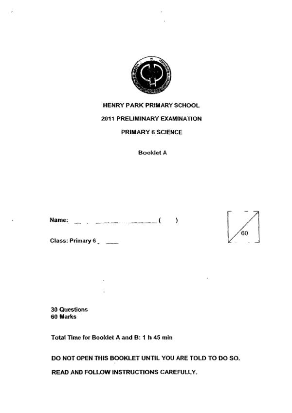 Henry Park P6 Sci SA2 2011 exam paper PDF first page preview