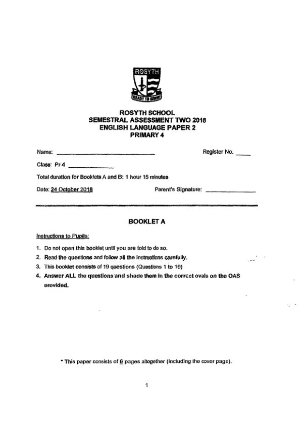 Rosyth P4 Eng SA2 2018 exam paper PDF preview