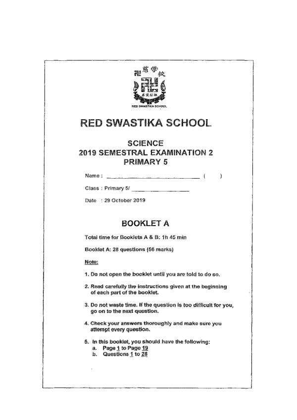 Red Swastika P5 Sci SA2 2019 exam paper PDF preview