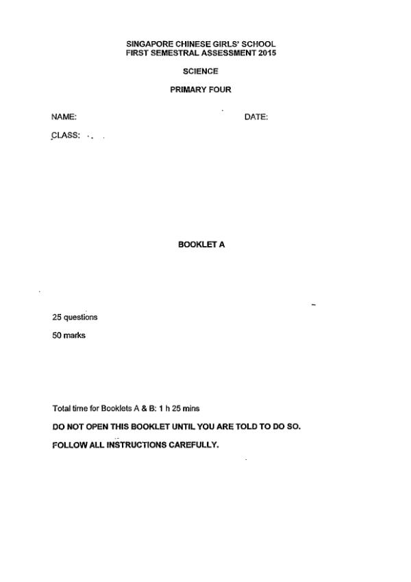 Singapore Chinese Girls P4 Sci WA2 2015 exam paper PDF first page preview