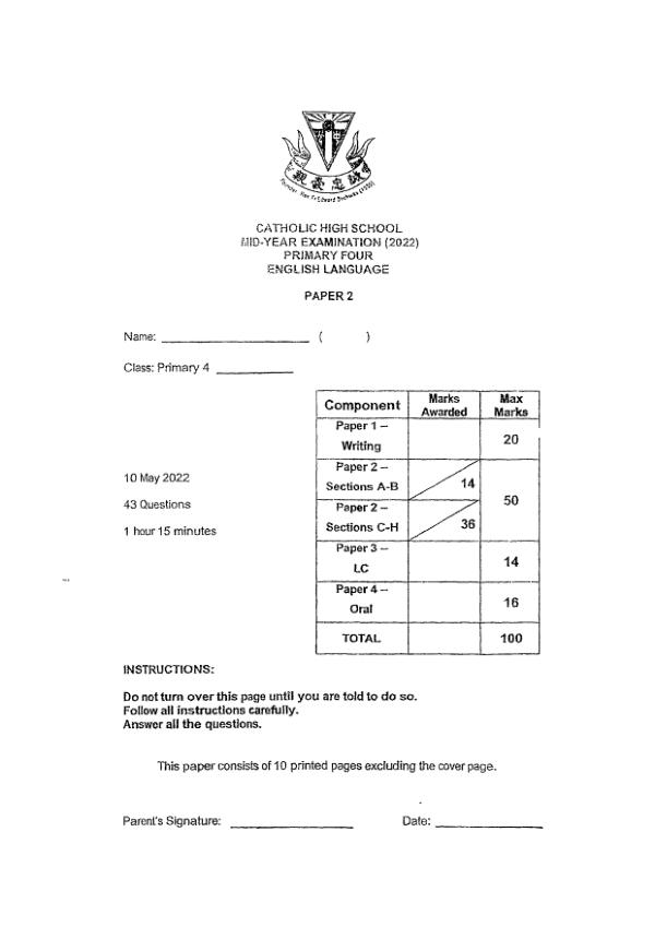 Catholic High P4 Eng WA2 2022 exam paper PDF first page preview
