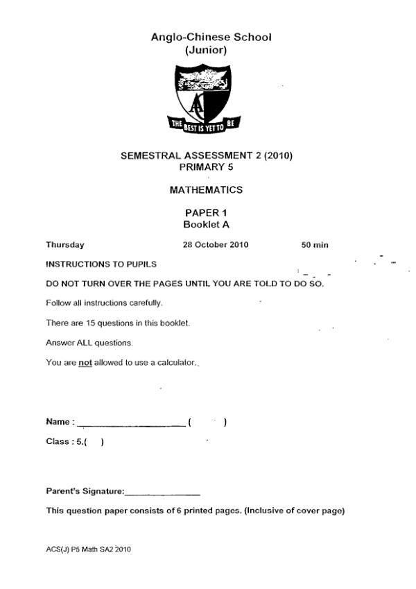 Anglo Chinese P5 Math SA2 2010 exam paper PDF preview
