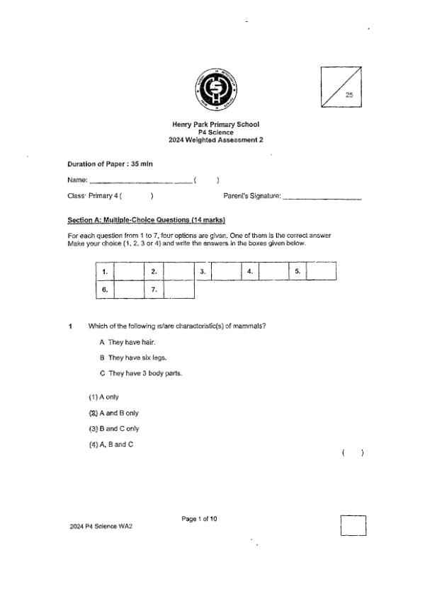 First page preview of P4 Sci 2024 WA2 — Henry Park