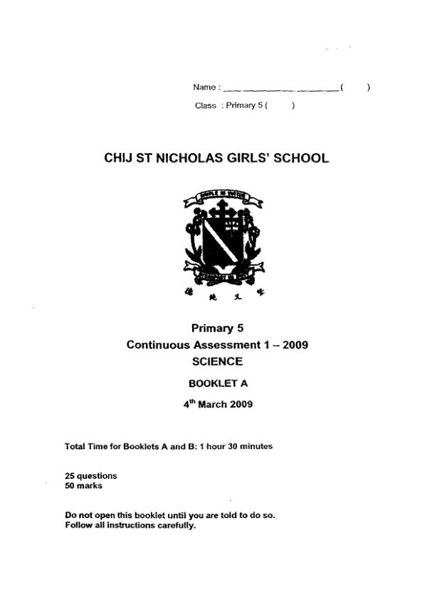 CHIJ P5 Sci WA1 2009 exam paper PDF preview