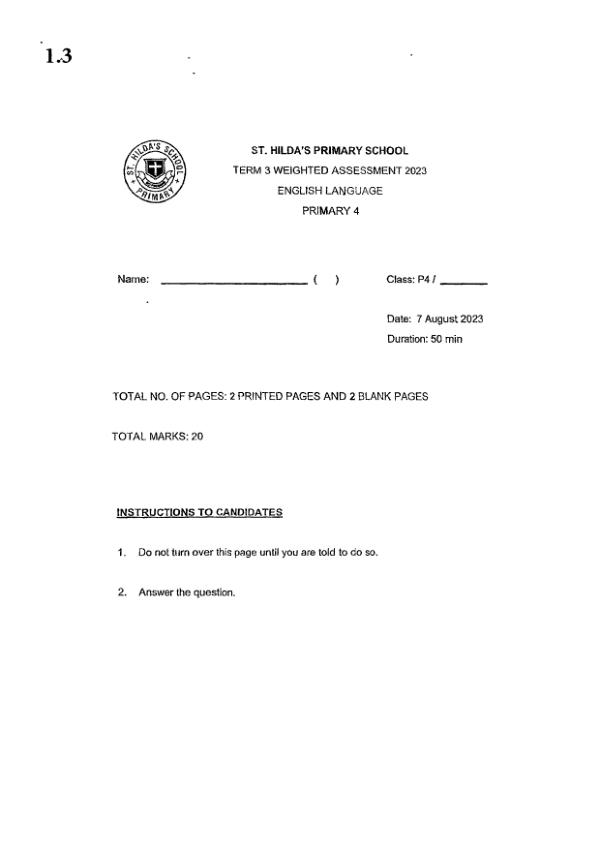 St Hildas P4 Eng WA2 2023 exam paper PDF first page preview