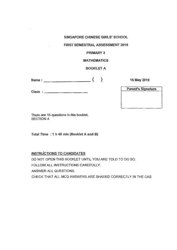 First page preview of P3 Math 2019 WA2 — Singapore Chinese Girls