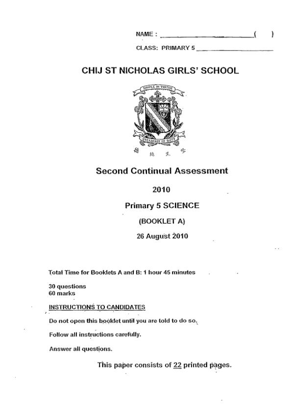 CHIJ P5 Sci WA3 2010 exam paper PDF first page preview