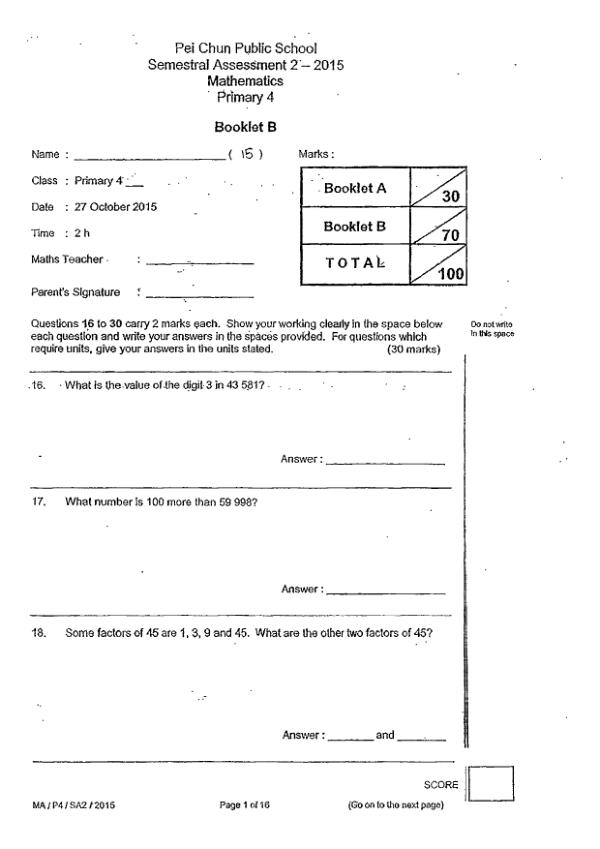 First page preview of P4 Math 2015 SA2 — Pei Chun