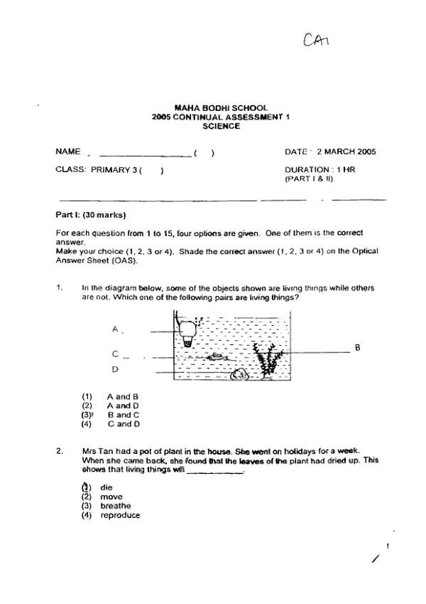 Maha Bodhi P3 Sci WA1 2005 exam paper PDF preview