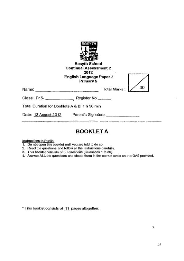 Rosyth P5 Eng WA3 2012 exam paper PDF preview