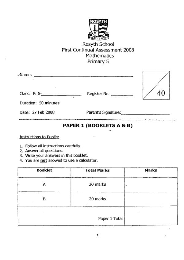 Rosyth P5 Math WA1 2008 exam paper PDF preview