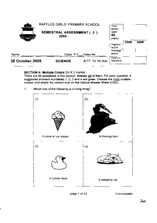 Raffles Girls P3 Sci SA2 2005 exam paper PDF first page preview