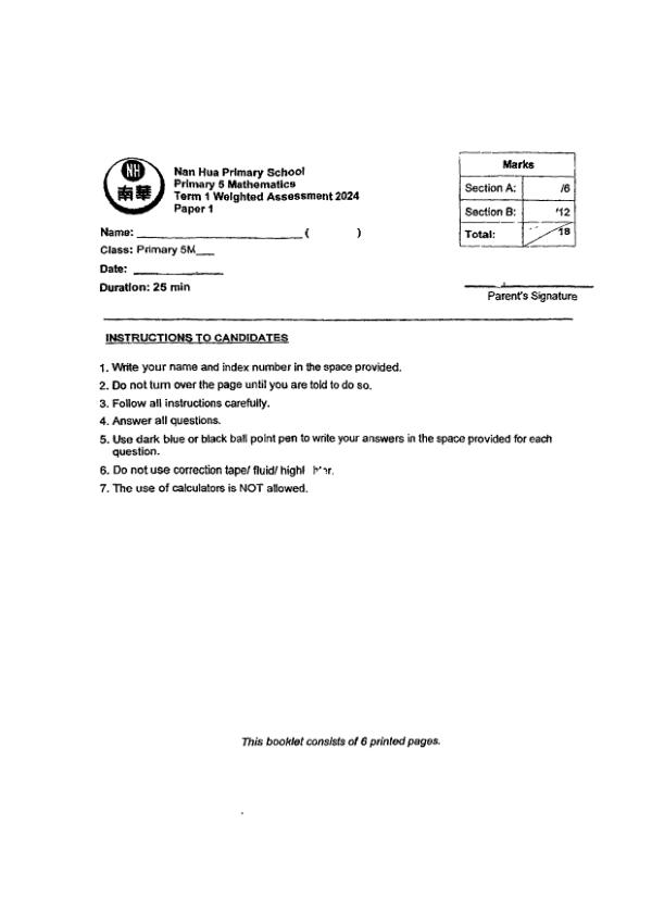 First page preview of P5 Math 2024 WA1 — Nan Hua