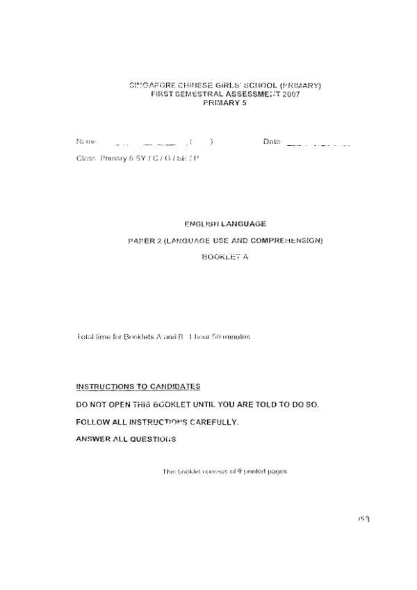 Singapore Chinese Girls P5 Eng WA2 2007 exam paper PDF preview