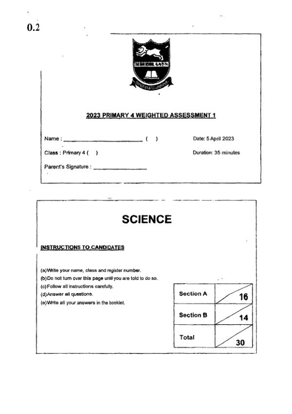 Tao Nan P4 Sci WA2 2023 exam paper PDF preview