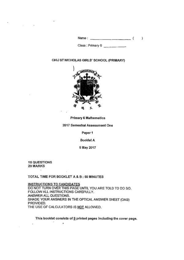 First page preview of P6 Math 2017 WA2 — CHIJ