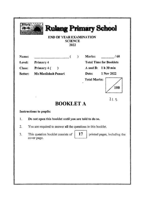Rulang P4 Sci SA2 2022 exam paper PDF preview