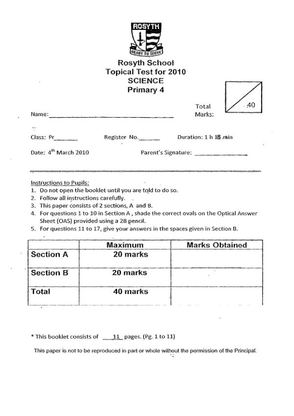 Rosyth P4 Sci WA1 2010 exam paper PDF preview