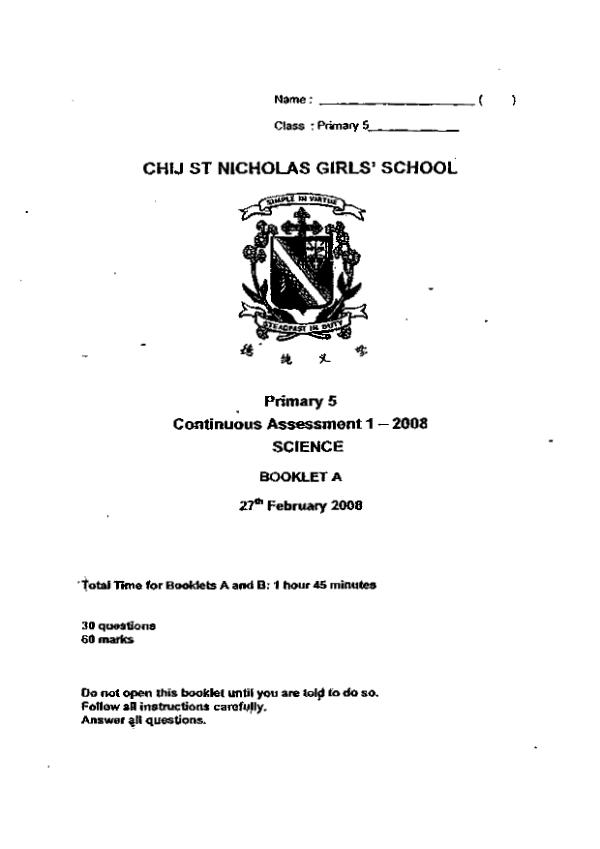 CHIJ P5 Sci WA1 2008 exam paper PDF first page preview
