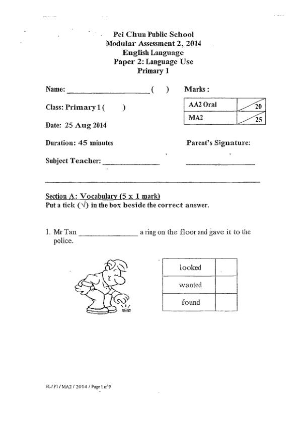 Pei Chun P1 Eng WA3 2014 exam paper PDF preview