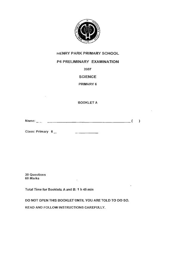 Henry Park P6 Sci SA2 2007 exam paper PDF preview