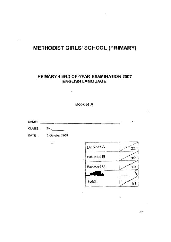 Methodist Girls P4 Eng SA2 2007 exam paper PDF preview