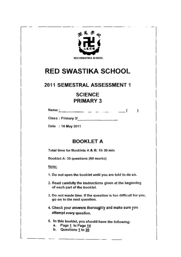 Red Swastika P3 Sci WA2 2011 exam paper PDF preview