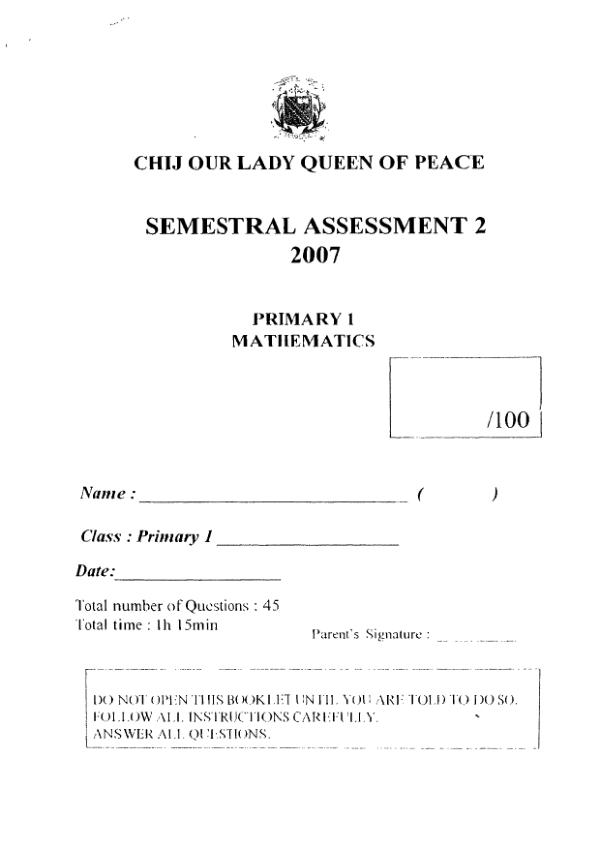 CHIJ P1 Math SA2 2007 exam paper PDF first page preview