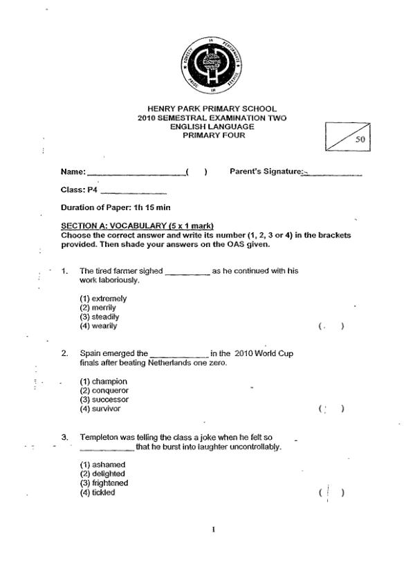Henry Park P4 Eng SA2 2010 exam paper PDF preview