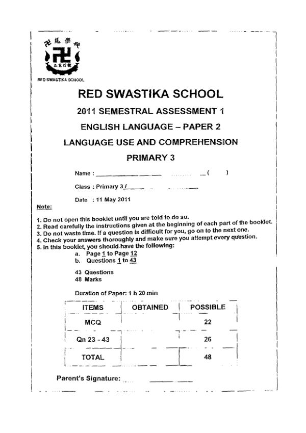 Red Swastika P3 Eng WA2 2011 exam paper PDF first page preview