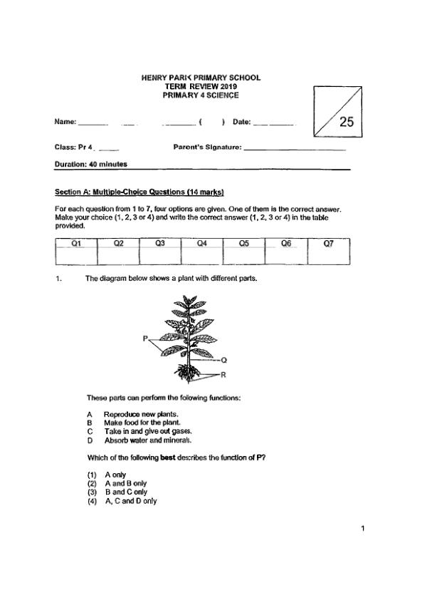 Henry Park P4 Sci WA1 2019 exam paper PDF first page preview