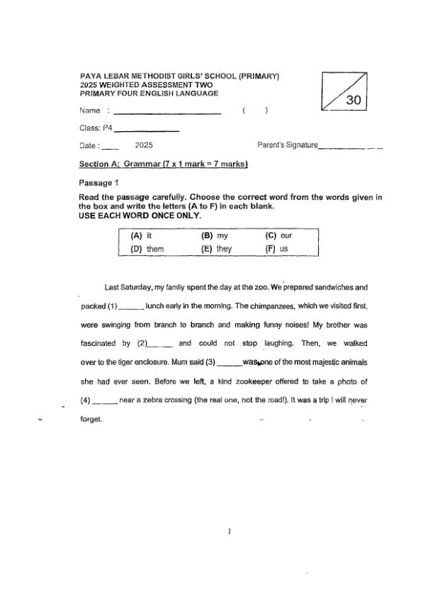 First page preview of P4 Eng 2025 WA2 — Methodist Girls