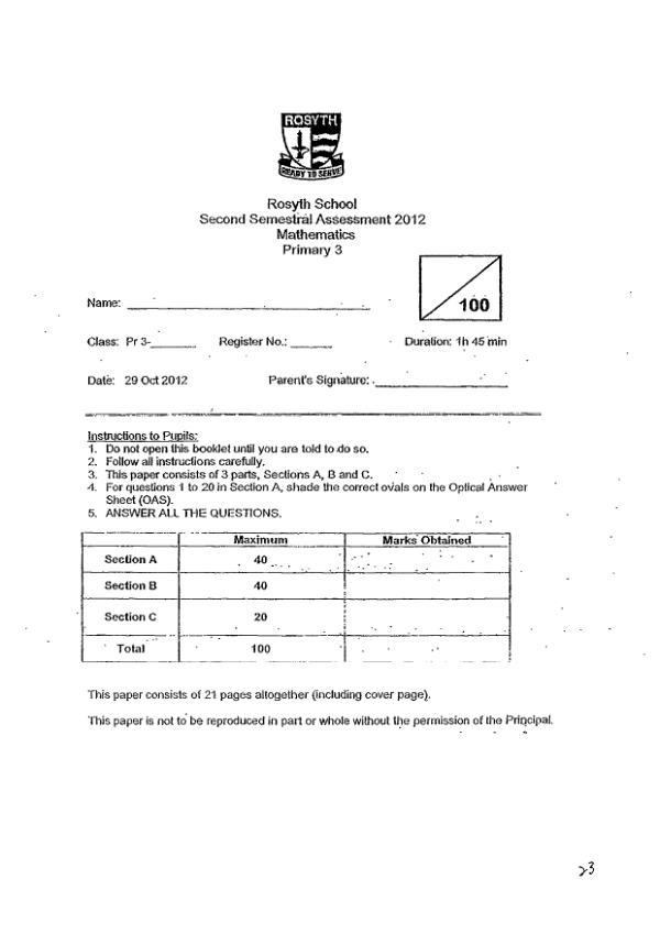 Rosyth P3 Math SA2 2012 exam paper PDF preview