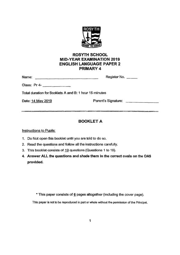 Rosyth P4 Eng WA2 2019 exam paper PDF first page preview