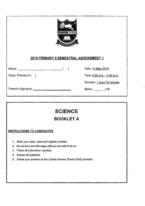 Tao Nan P6 Sci WA2 2019 exam paper PDF first page preview