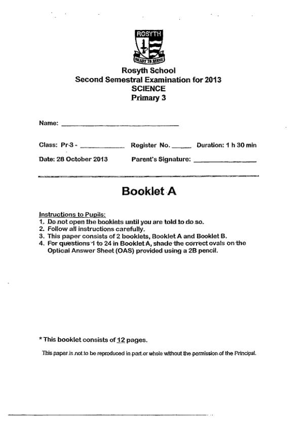 Rosyth P3 Sci SA2 2013 exam paper PDF preview