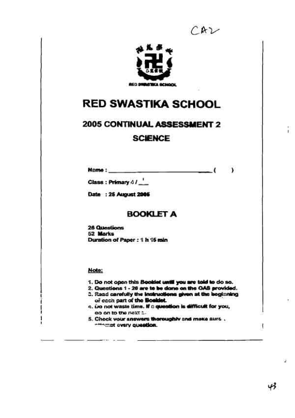 Red Swastika P4 Sci WA3 2005 exam paper PDF preview