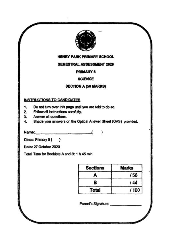 Henry Park P5 Sci SA2 2020 exam paper PDF first page preview