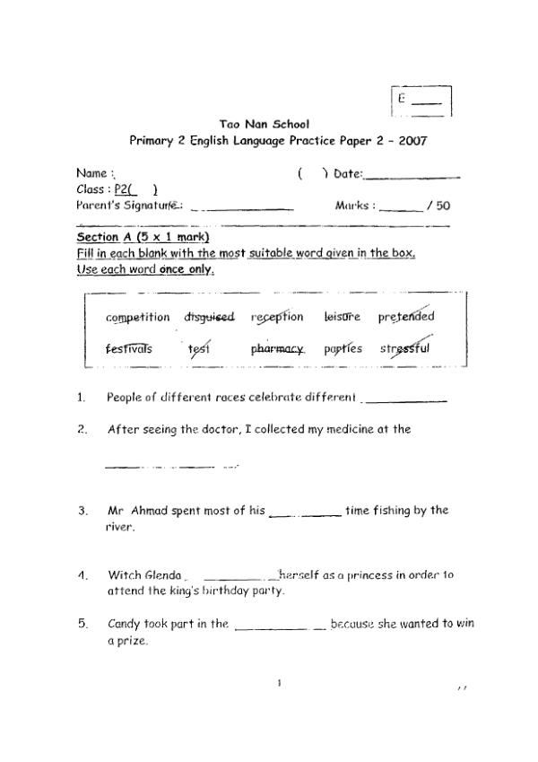 Tao Nan P2 Eng WA3 2007 exam paper PDF first page preview