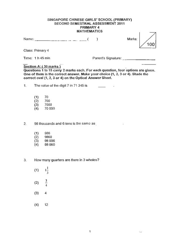 Singapore Chinese Girls P4 Math SA2 2011 exam paper PDF preview