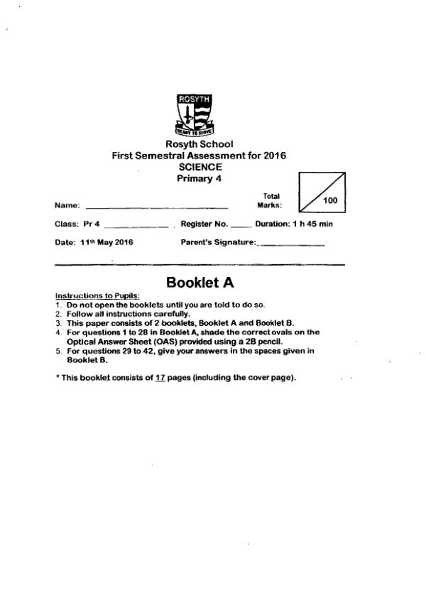 Rosyth P4 Sci WA2 2016 exam paper PDF first page preview