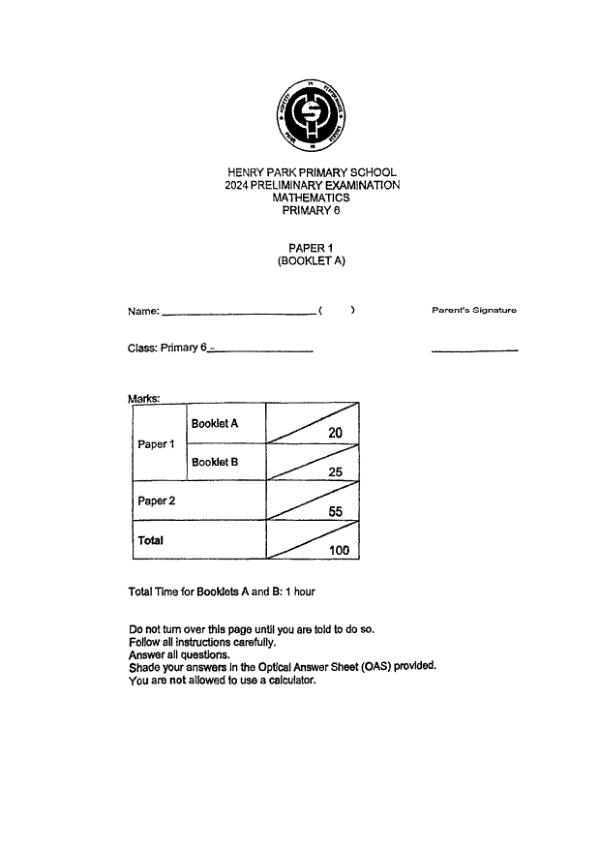 First page preview of P6 Math 2024 SA2 — Henry Park