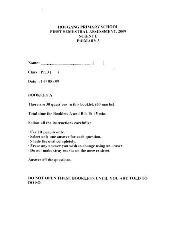 Hougang P3 Sci WA2 2009 exam paper PDF preview