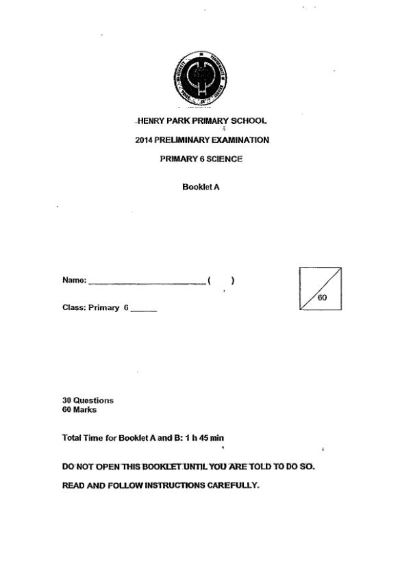 Henry Park P6 Sci SA2 2014 exam paper PDF first page preview