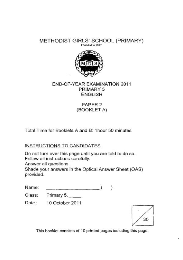 Methodist Girls P5 Eng SA2 2011 exam paper PDF preview