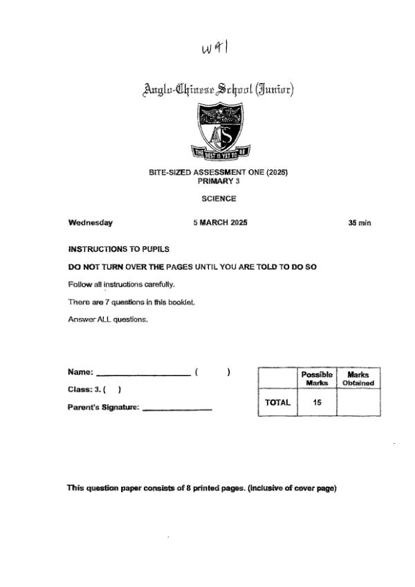 First page preview of P3 Sci 2025 WA1 — Anglo Chinese