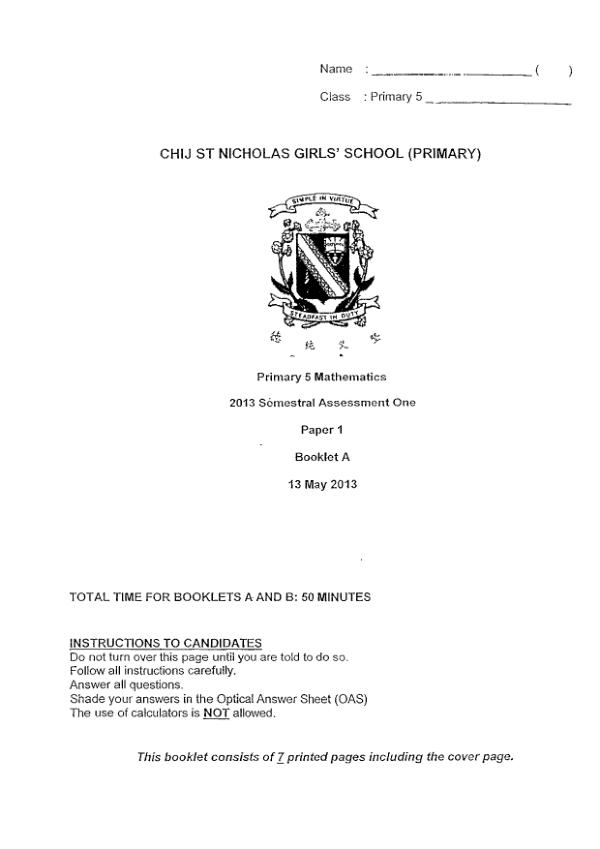CHIJ P5 Math WA2 2013 exam paper PDF preview