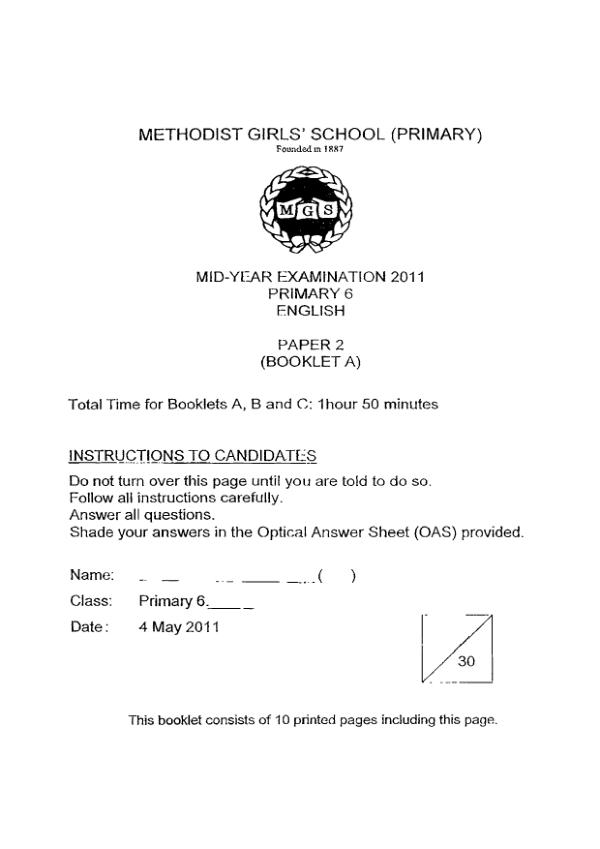 Methodist Girls P6 Eng WA2 2011 exam paper PDF first page preview