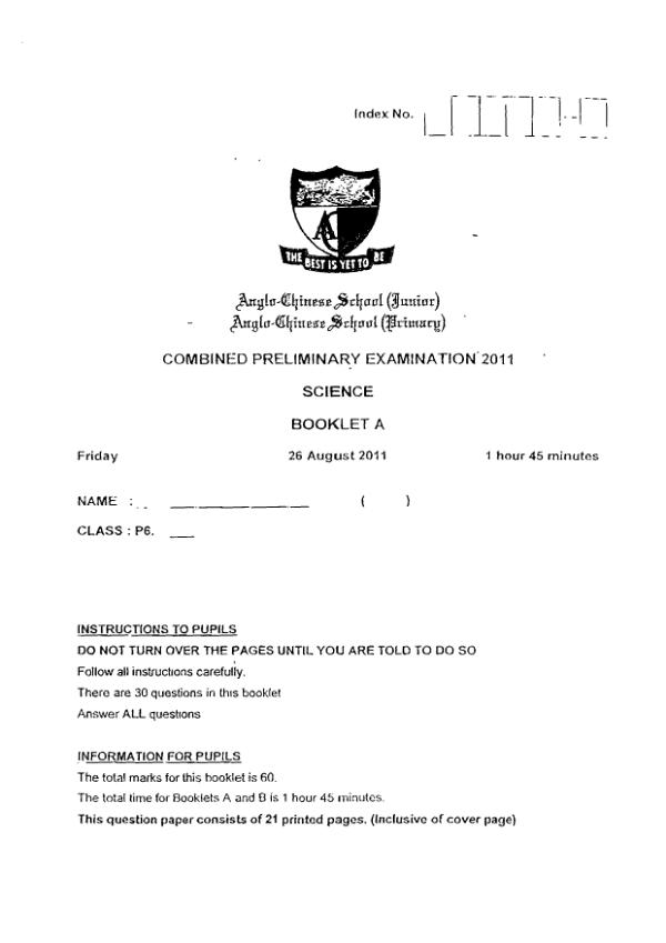 Anglo Chinese P6 Sci SA2 2011 exam paper PDF preview